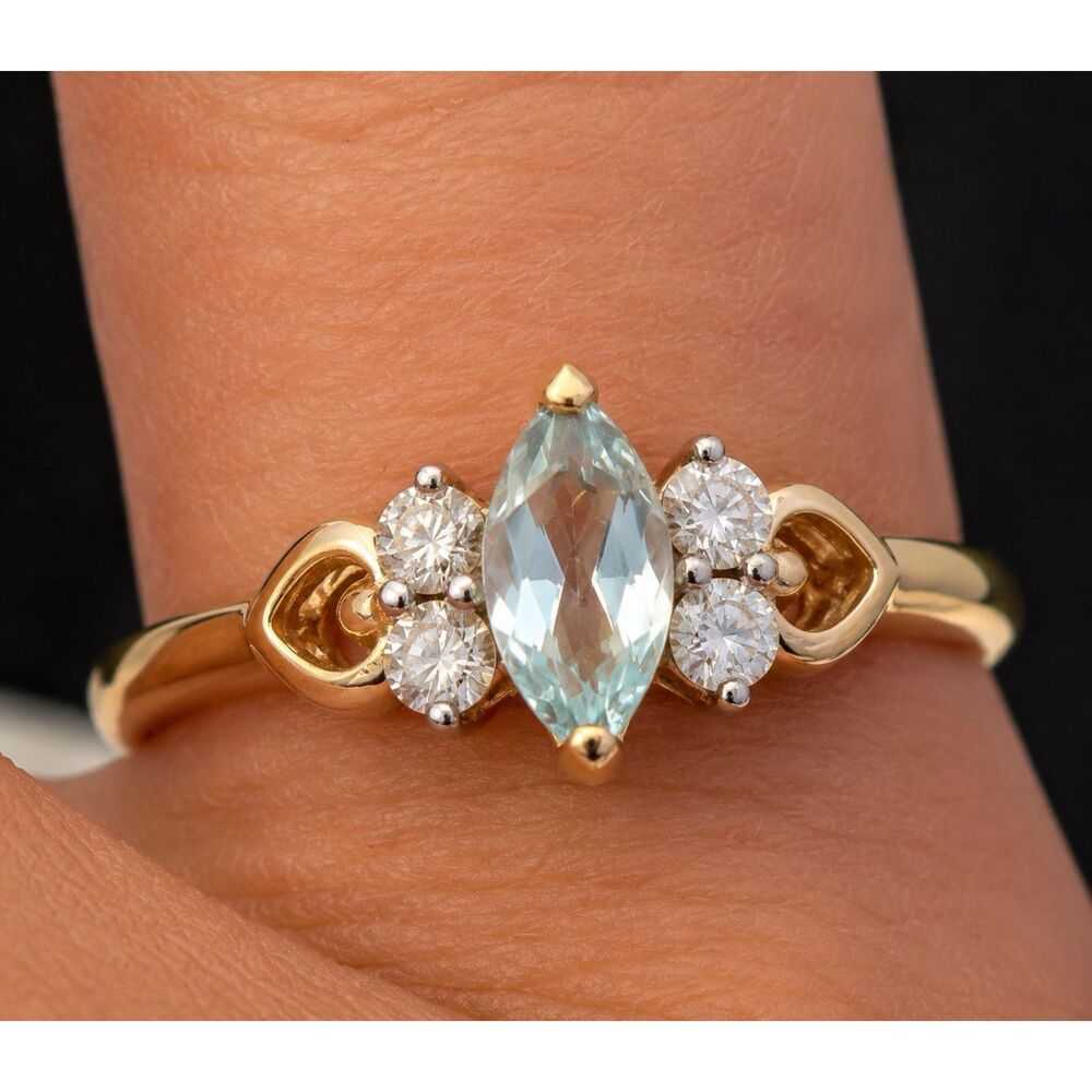 Vintage 1970s Ring Size 8 Genuine Blue Topaz & CZ Marquise Gold Plated - 14Y
